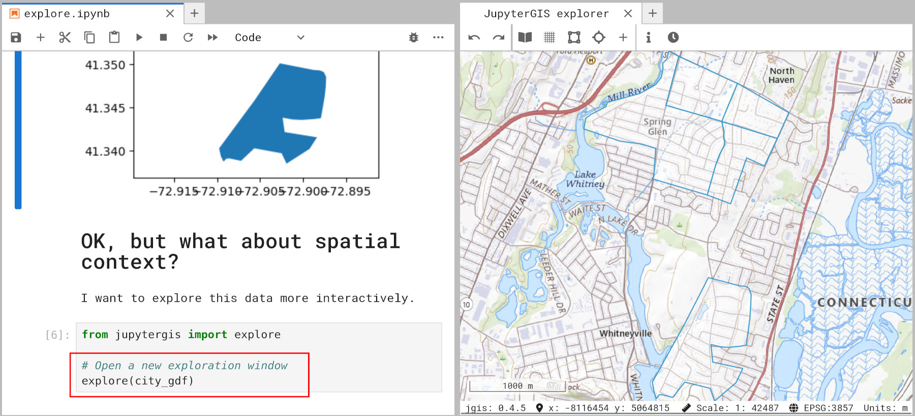 Using the `explore()` function in JupyterGIS to interactively explore data.